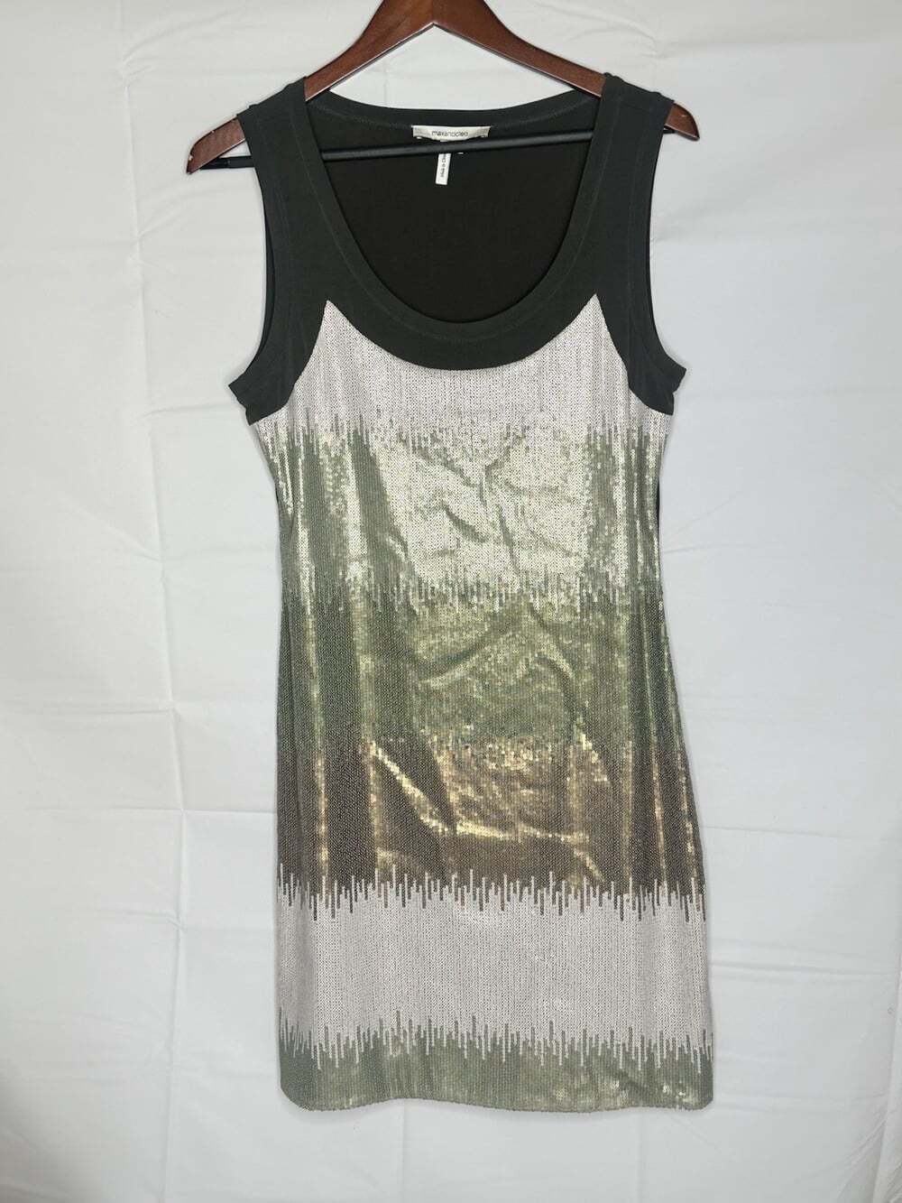 Max and Cleo Dress Sleeveless Sequince Front Size Medium Green Gold